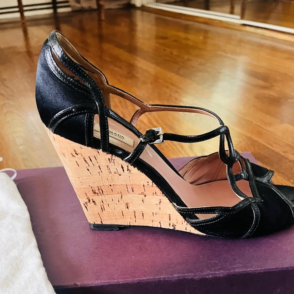Prada Black and Tan Cork Wedges